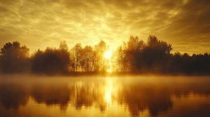 Fototapeta premium Golden tranquility, sunrise over a misty lake reflecting the light through the trees