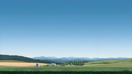 Fototapeta premium Serene Summer Landscape: Farmland and Rolling Hills Under a Blue Sky