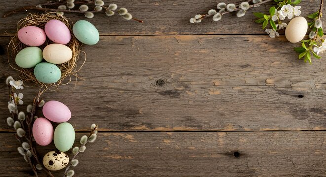 Easter eggs and pussy willow branches on rustic wooden background with copy space. Spring holiday decorations for festive greeting card or invitation design.