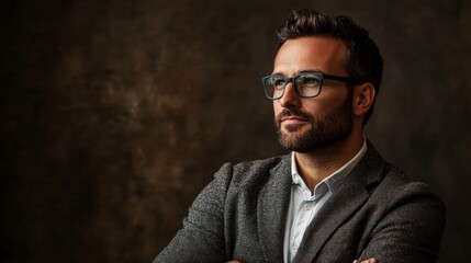 Fototapeta premium Pensive Businessman in Tweed Jacket Looking Aside, Corporate Style