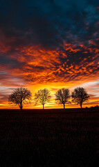 Fototapeta premium Dramatic sunset over a field with silhouetted trees, capturing the tranquility and beauty