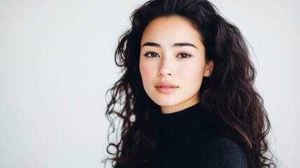Naklejka premium Serene Asian Woman Portrait, Voluminous Hair, Black Turtleneck, Copy Space