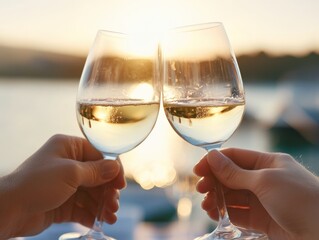 Obraz premium toast with White Wine at Sunset