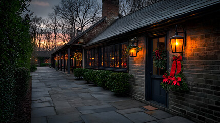 Stone Building Exterior at Night with Festive Holiday Decorations