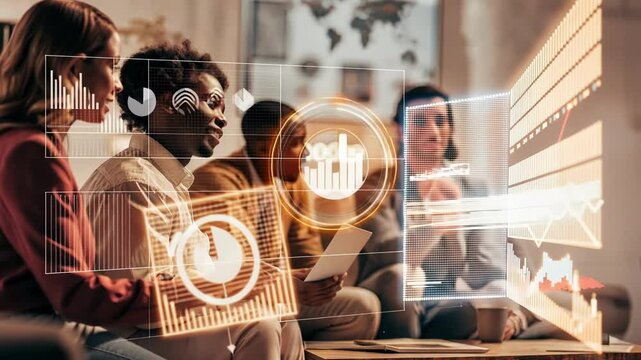 An engaged small group participating in a roundtable discussion surrounded by colorful holographic data analytics and projections creating an immersive networking atmosphere.