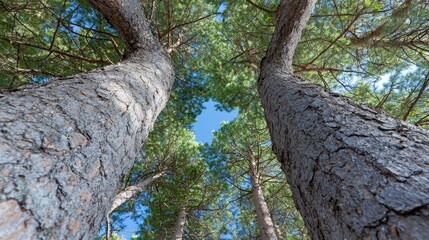 Fototapeta premium Pine trees towering above, looking up at blue sky. Possible use nature background, travel, inspirational photo