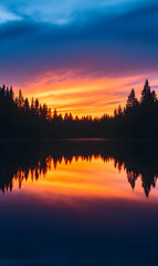 Fototapeta premium Colorful sunset reflecting over a still lake, creating a captivating symmetrical reflection