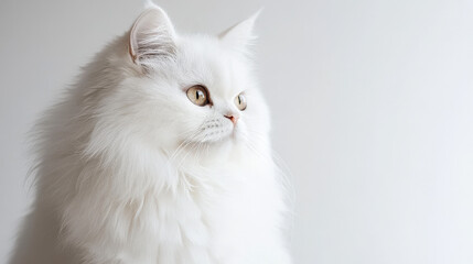 Majestic white Persian cat sitting confidently against a clean minimalist white background