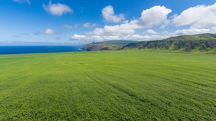 Obraz premium Vast Green Field Meets Ocean Under Blue Sky