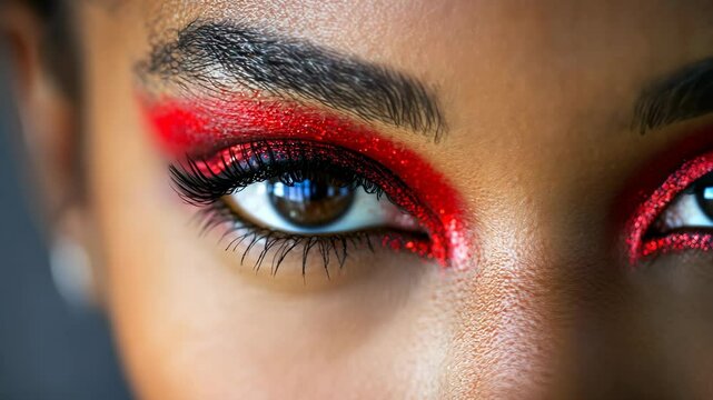 Vivid red eye makeup enhances features of a model at a creative beauty shoot in a studio setting