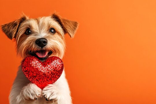 Lakeland terrier - my cherished dog. Ad layout. Cute lakeland terrier dog with sparkling rhinestones red heart - sign of love, funny greeting card. Valentine's day pet themes inspiration.