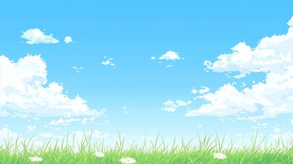 Obraz premium Pixel Art Summer Landscape: Blue Sky White Clouds Green Grass and Daisies