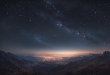 Naklejka premium Where Stars Meet the Mountains: Cosmic Vista with Night Sky, Peaks, and Soft Horizon Light