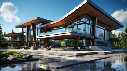 Fototapeta premium Modern Architectural Masterpiece: Luxurious Lakefront Mansion
