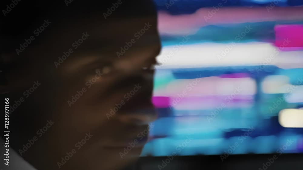 Poster two businessmen, one caucasian and one african american, attentively observe stock market data displ