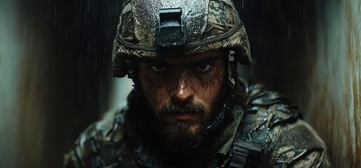 Dramatic Scene of Soldier in Tactical Gear in Narrow Hallway Surrounded by Shadows