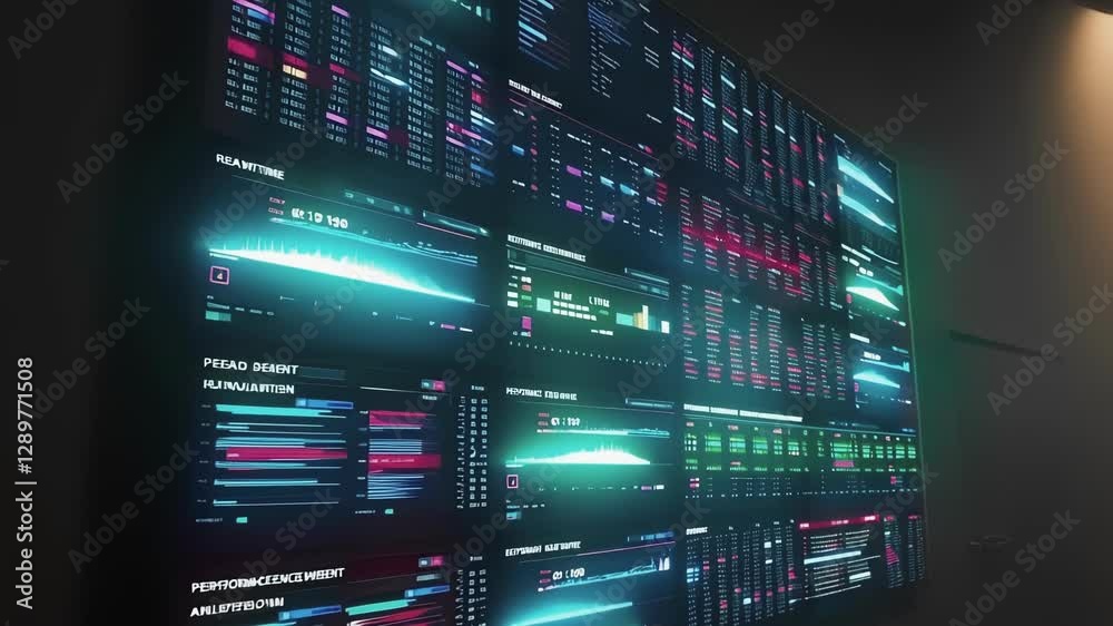 Poster Futuristic data visualization interface displaying various metrics, statistics, and performance indicators on a large screen in a dark room illuminated by a hanging lamp