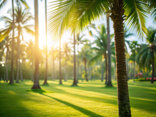 Obraz premium palm trees at sunset. palm, beach, tree, tropical, sky, sea, island, nature, ocean, trees, summer, sand, travel, coconut, palms, resort, vacation, landscape, grass, palm tree, green, holiday, water, p