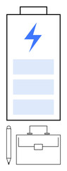 Large battery icon with lightning bolt above a briefcase and pen. Ideal for themes thumbs up productivity, energy, career growth, creativity, efficiency, power, abstract line flat metaphor