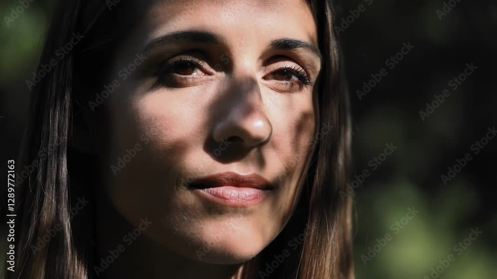 Poster Natural light filters through leaves, casting intriguing shadows across a woman's face as she gazes serenely into the distance, creating a captivating portrait