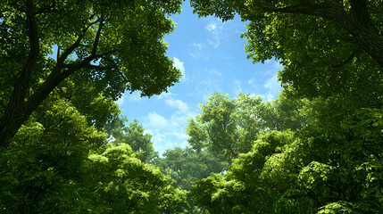 Fototapeta premium Lush Green Forest Canopy Under a Bright Blue Sky