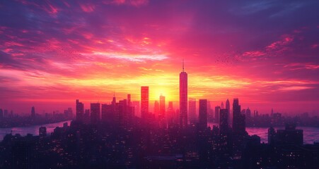Fototapeta premium New York City Skyline Silhouette at Sunset with Twin Towers and Flying Birds Tribute