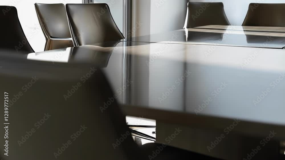 Poster polished surface of an empty conference table reflects light in a modern office space, suggesting an