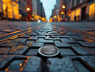 Street View on Cobblestones at Night