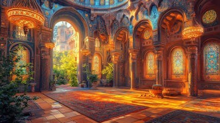 Obraz premium Enchanted Interior with Colorful Stained Glass and Elegant Touches