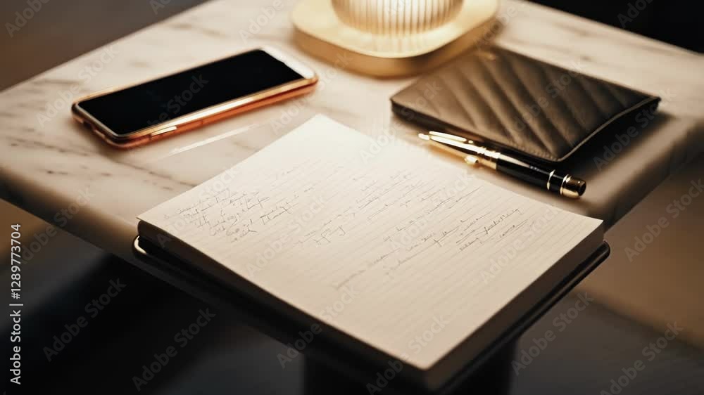 Poster Elegant marble table is softly illuminated by a modern lamp, with a cell phone displaying a notification, an open notebook with handwritten notes, and a stylish pen resting beside it