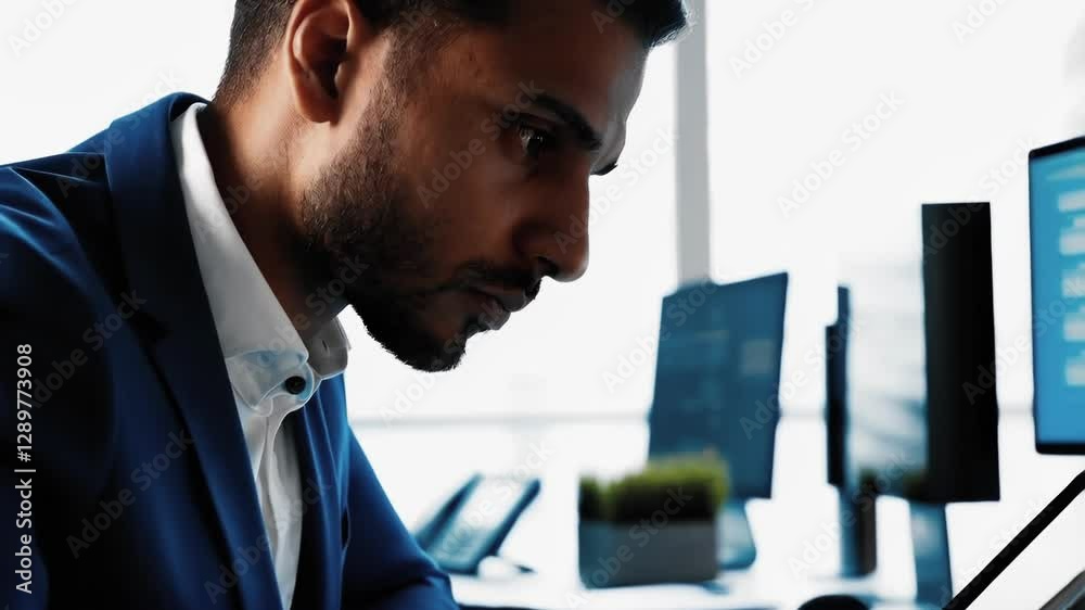 Aufkleber Professional businessman analyzing data on tablet, working intently at office desk, surrounded by multiple computer monitors, focusing on project strategy and business development