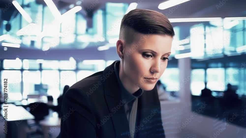 Poster businesswoman interacting with futuristic holographic interface in a modern office, analyzing data a