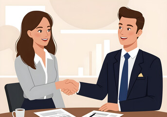 Fototapeta premium Formal handshake between a businessman and a businesswoman in a bright office.