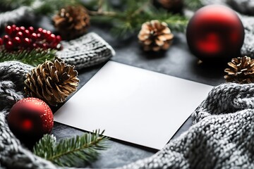 Fototapeta premium A festive winter scene with decorations and a blank card