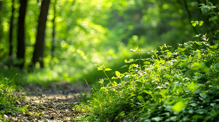Fototapeta premium Sunlit Forest Path Lush Green Foliage