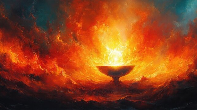 Glowing Chalice and Radiant Orb Surrealistic Painting Inspired by Eucharist and Divine Communion