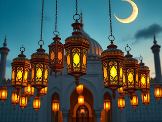 Obraz premium An artistic composition of traditional Arabic lanterns (fanous) hanging around a mosque, casting warm golden light. The background features a crescent moon and a peaceful Ramadan atmosphere.