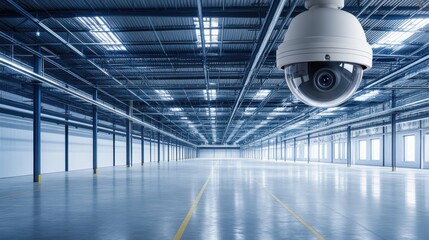 Security Camera Hanging in an Empty Warehouse Space with Bright Lighting and Modern Industrial Design