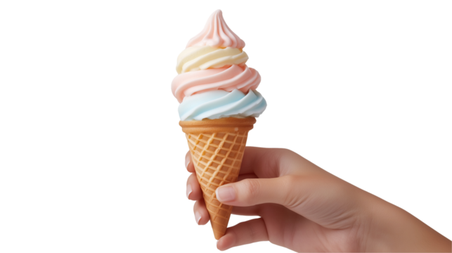 Hands holding soft serve yogurt ice cream in waffle cones, various flavors with creamy swirls, dessert treat collection, isolated on transparent background 