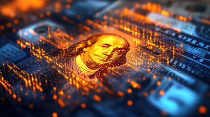 Digital dollar bills and financial data visualizations with glowing binary code in the background