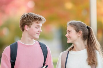 Obraz premium Two Smiling Students Looking at Each Other Outdoors