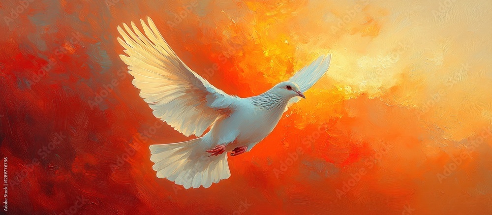 Wall mural Majestic Dove Soaring in Vibrant Sunset Sky Impressionism