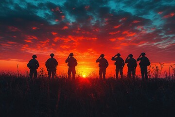 Silhouettes of Soldiers Saluting at Sunset with Israeli Flag in Background
