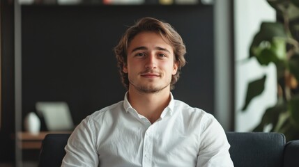 Obraz premium Smiling Caucasian Man Poses in Modern Office, Business Style