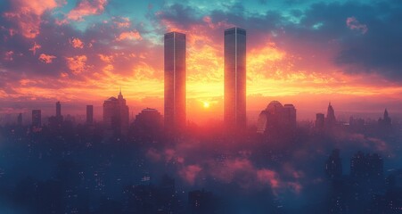 Fototapeta premium Vibrant Sunrise Over New York City Skyline with Twin Towers Silhouette and American Flag