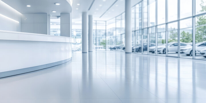 An empty reception desk in front of a blurry car dealership with new cars. Auto industry, customer service