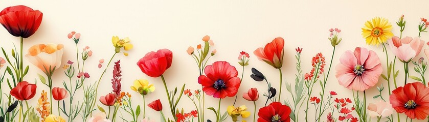 Fototapeta premium A vibrant array of colorful wildflowers, featuring red, pink, and yellow blooms against a soft, neutral background, creating a cheerful and inviting atmosphere.