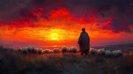 Fototapeta premium Shepherd in Pastoral Scene at Sunset with Flock of Sheep Symbolizing Guidance and Protection