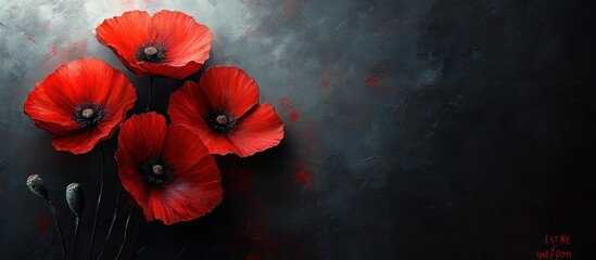 Poppy Flower Remembrance Design for Memorial Day and Veterans Day with Lest We Forget Inscription on Black Textured Background