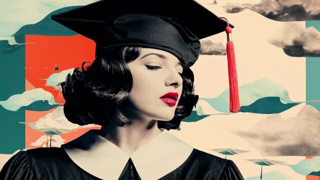 Vintage-style video still of a woman in graduation attire, with a surreal background. Close-up angle highlights her classic makeup and cap.